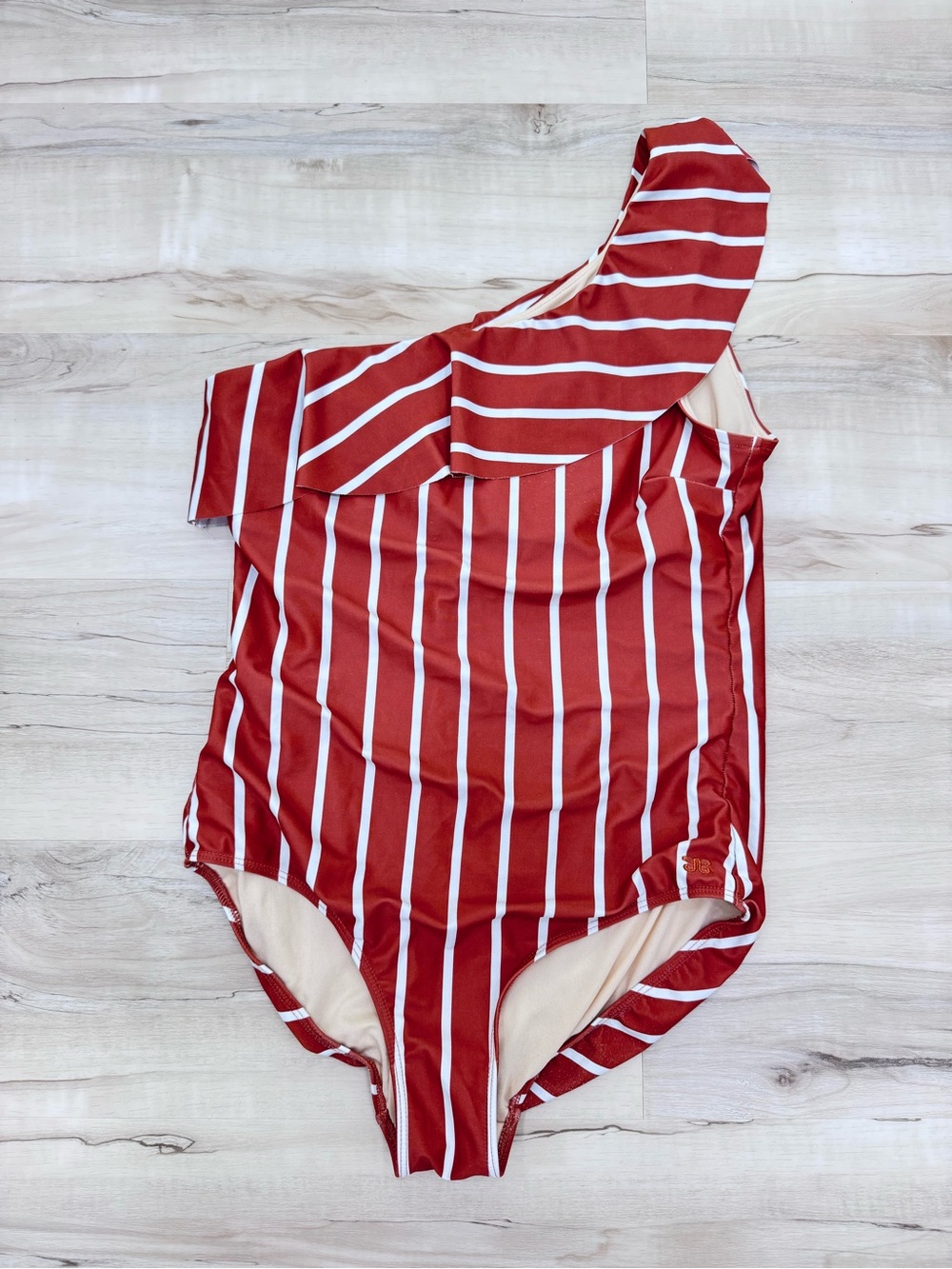 Albion Fit Striped Off-Shoulder Swimsuit Ruffle see description Sz Lg